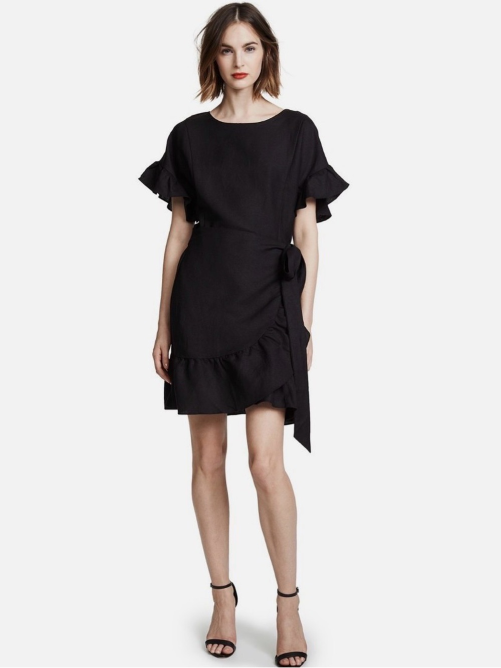ASTR The Label Dress Women's Linen Blend Ruffle Wrap Dress Black Small